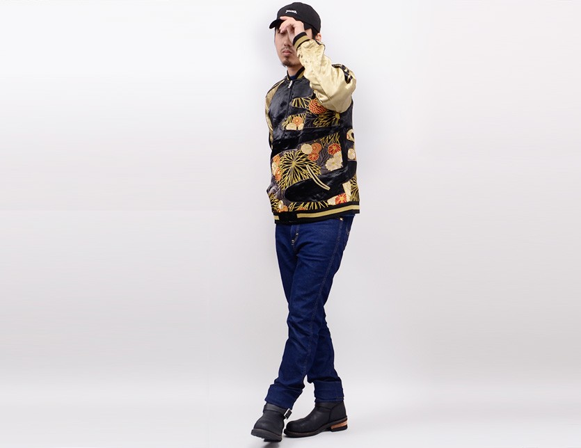 花旅楽団 和柄 スカジャン メンズ レディース 菊 鶴 帯柄 リバーシブル