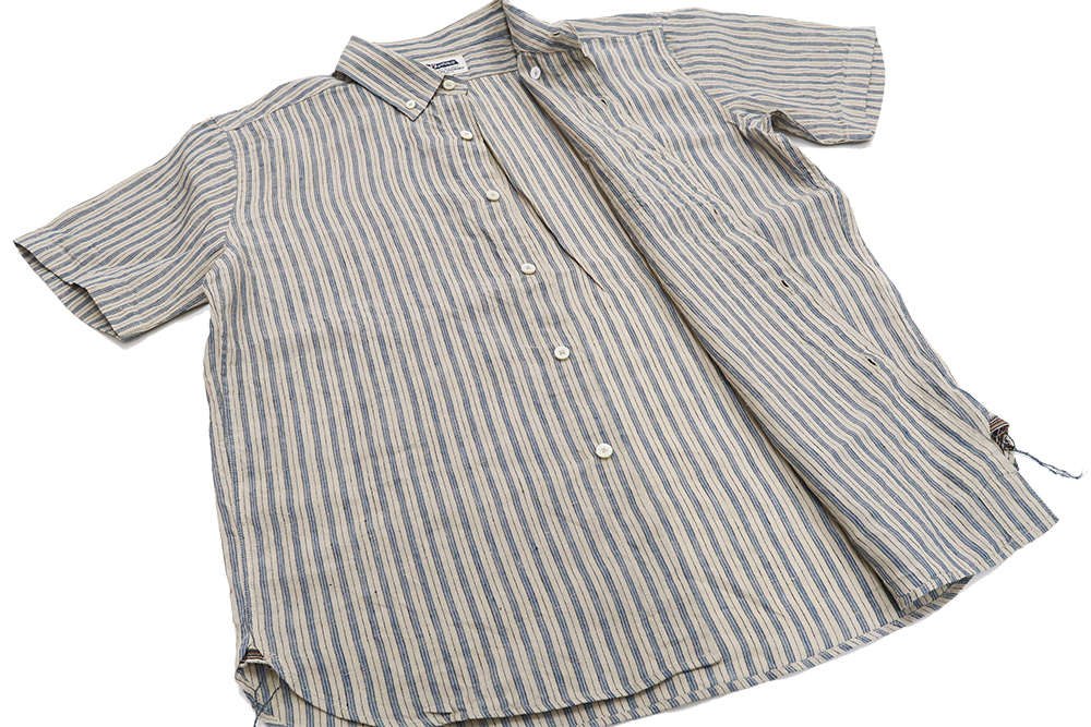 フェローズ 先染めリネン ボタンダウンシャツ PHERROWS ストライプ 半袖シャツ 22S-PBDS2 ベージュ×サックスストライプ 新品
