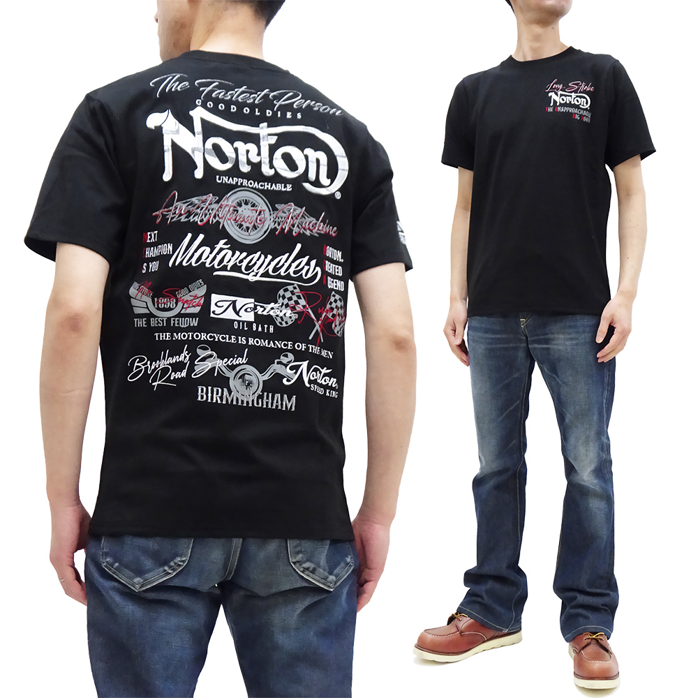 ノートンモーターサイクル 半袖Tシャツ Norton ユニオンジャック ロゴラメ刺繍Tシャツ 232N1007B ブラック 新品