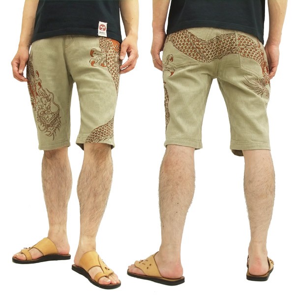 絡繰魂 ブロックジャガード ショートパンツ 252807 巻き龍刺繍 メンズ