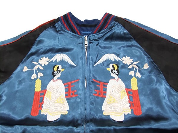 舞妓刺繍スカジャン ネイビー 舞妓と日本地図別珍刺繍スカジャン 花旅楽団 SCRIPT メンズ