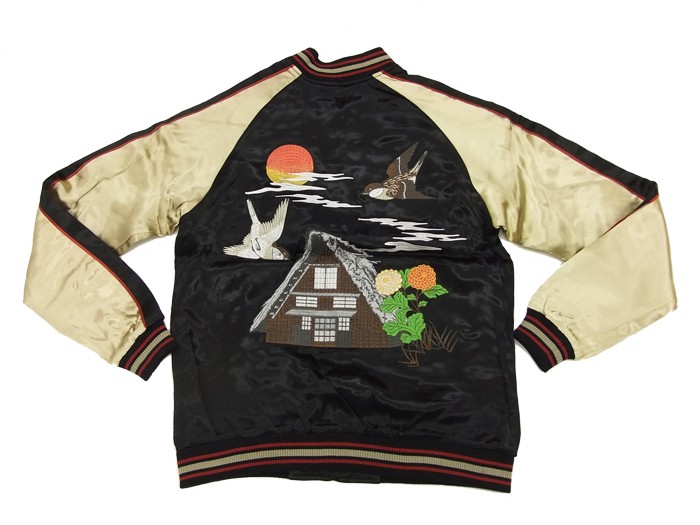 ジャパネスク スカジャン 3RSJ-034 雀と藁ぶき屋根の家 Japanesque