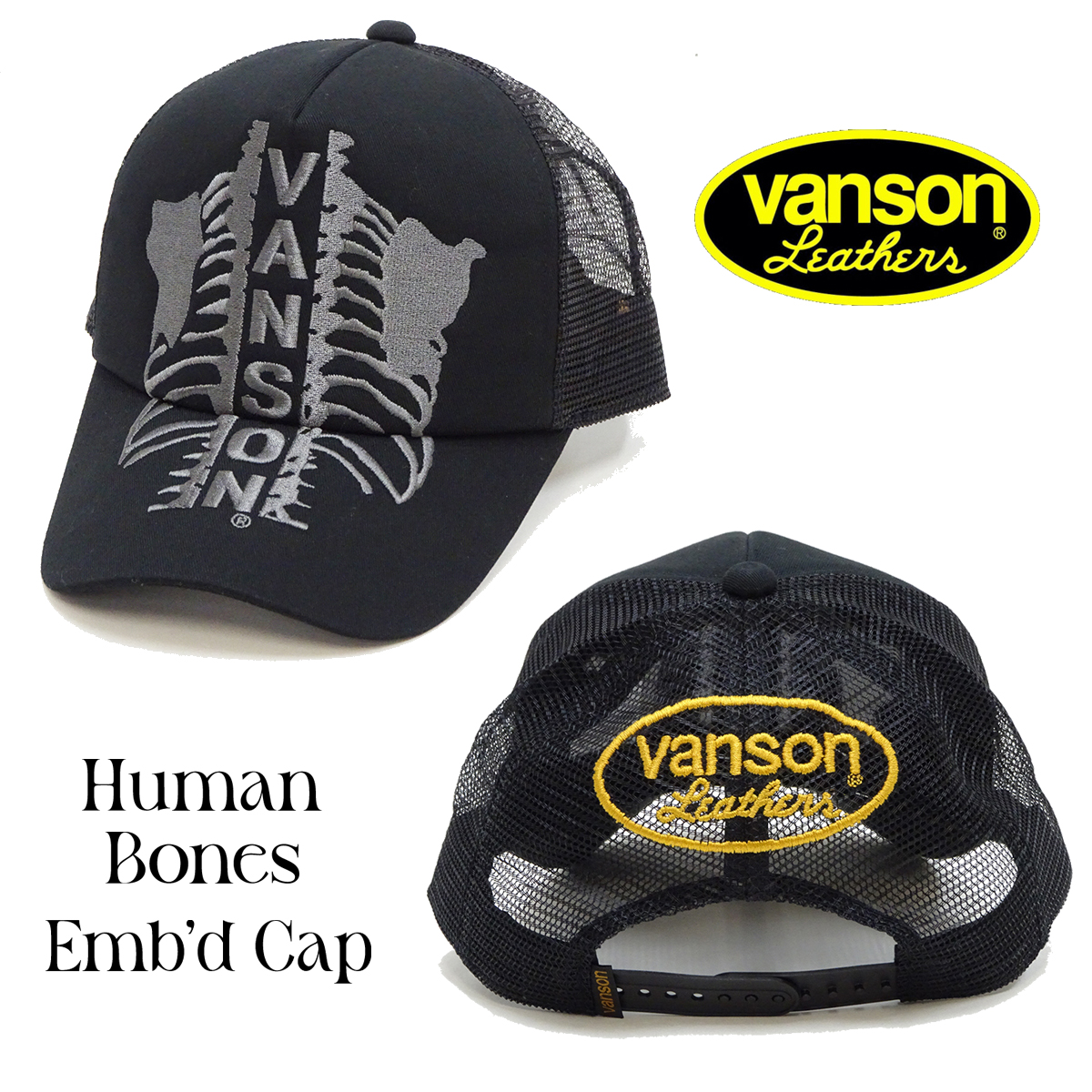 新品未使用バンソンvanson デザインCAP VANSON（バンソン） メッシュキャップ 帽子 刺繍 ヒューマンボーン