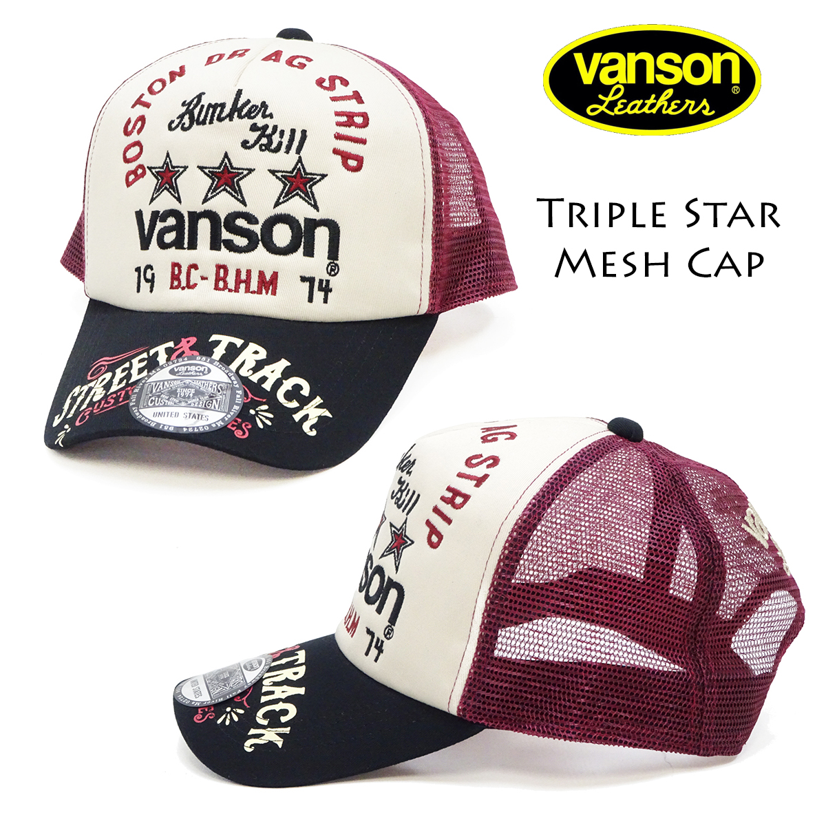 新品未使用バンソンvanson デザインCAP VANSON（バンソン） メッシュキャップ 帽子 刺繍＆ステッカー トリプル