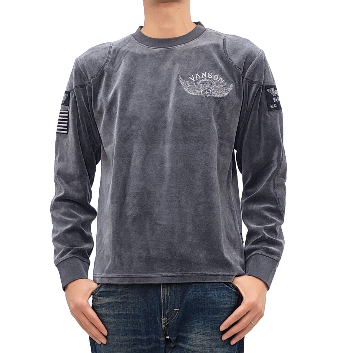 VANNER 公式長袖Tシャツ ヘソン 直筆サイン入り ベナー VANSON（バンソン） ベロア 長袖Tシャツ 総刺繍＆ワッペン モーター