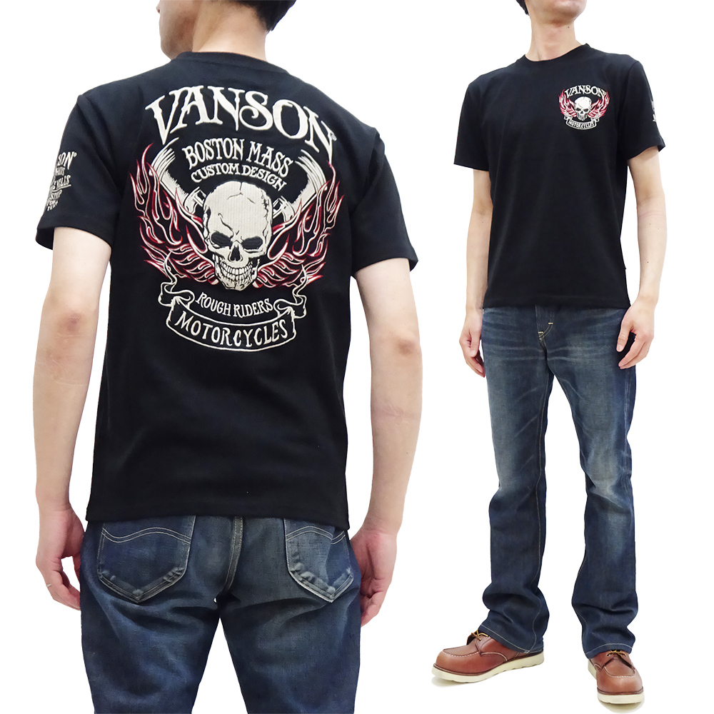 新品タグ付 バンソン スカル ファイアーパターン 半袖Tシャツ XXL VANSON バンソン Tシャツ スカル ファイアーパターン 刺繍 半袖T