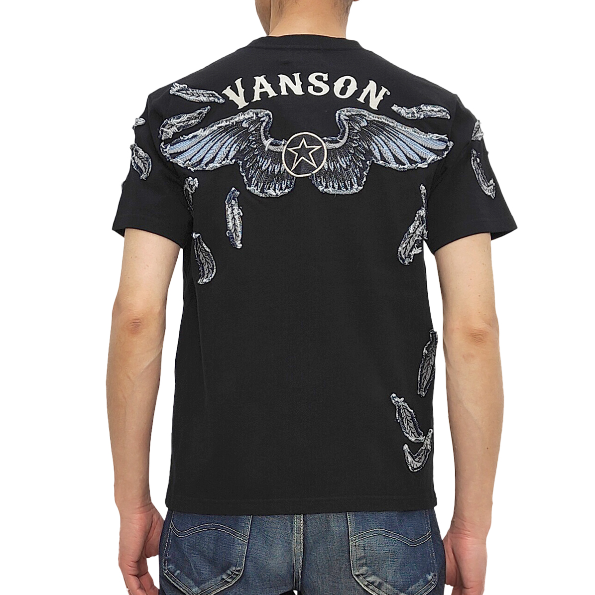 VANSON（バンソン） 半袖Tシャツ フライングスター & フリンジフェザー