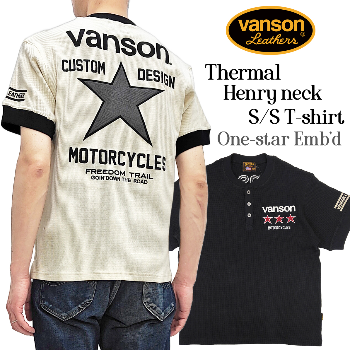 VANSON（バンソン） Tシャツ サーマル ヘンリーネック ワンスター 刺繍