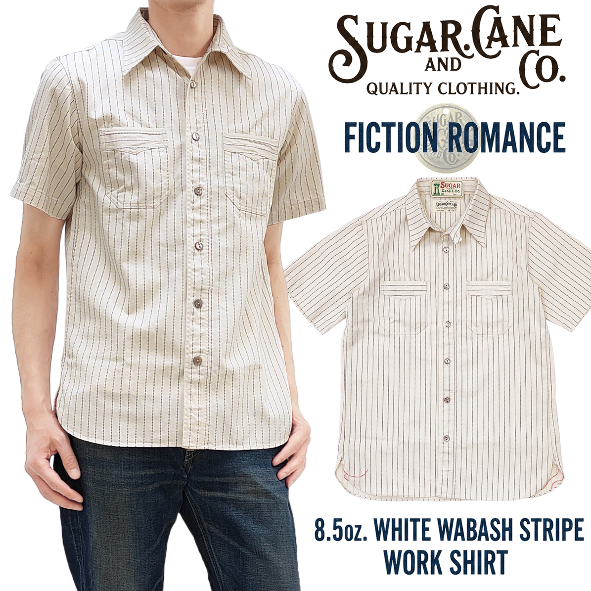 SUGAR CANE ホワイトウォバッシュ ワークシャツ FICTION ROMANCE