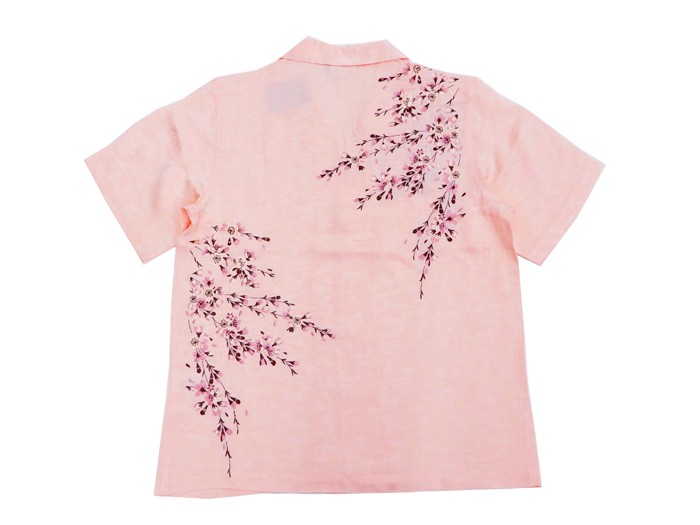 花旅楽団スクリプト 桜刺繍 レーヨン半袖シャツ Mサイズ ピンク 和柄 アロハ 花旅楽団スクリプト 桜刺繍 レーヨン半袖シャツ Mサイズ ピンク