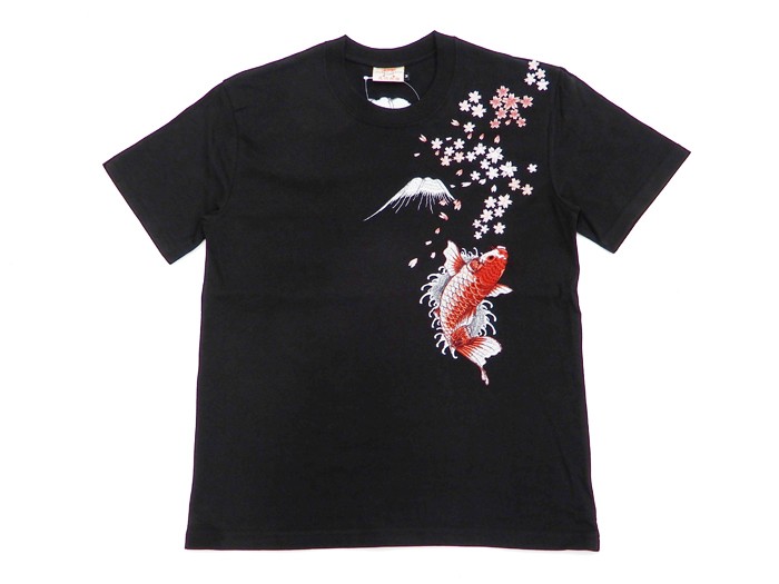 花旅楽団 Tシャツ ST-804 スクリプト 桜と緋鯉 刺繍 メンズ 和柄 半袖T