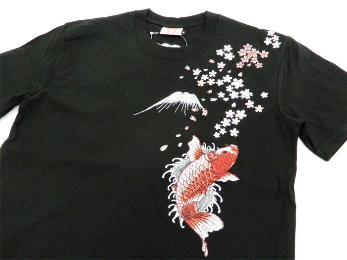 花旅楽団 Tシャツ ST-804 スクリプト 桜と緋鯉 刺繍 メンズ 和柄