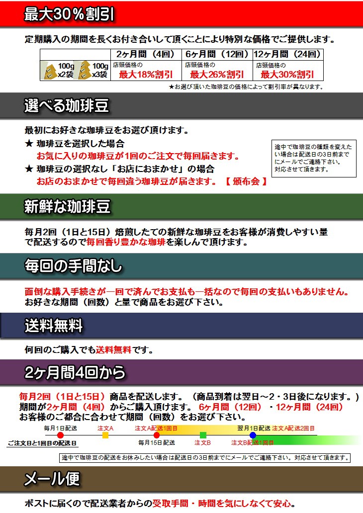 定期購入／選べるコーヒー豆100gX3袋を毎月2回X12ヶ月間配送 「送料無料」　焙煎したて