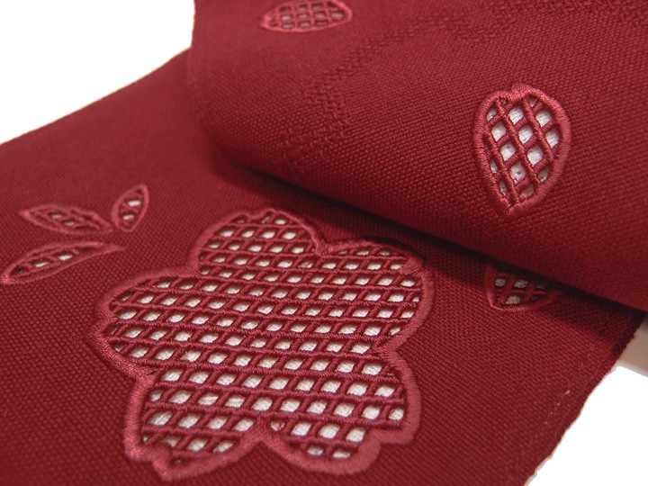 夏 半幅帯 麻 小袋帯 日本製 ドロンワーク 刺繍 桜 仕立て上がり