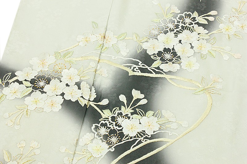 訪問着 手刺繍 正絹 桜 ライトグレー 濃いグレー 豪華 フォーマル 結婚