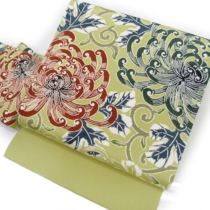 名古屋帯 九寸帯 栗山吉三郎工房 和染紅型 菊 唐草 正絹 浜ちりめん