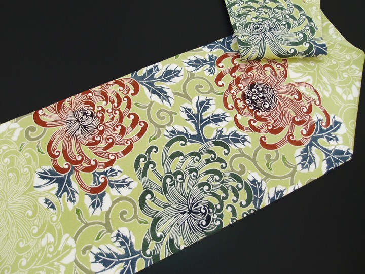 名古屋帯 九寸帯 栗山吉三郎工房 和染紅型 菊 唐草 正絹 浜ちりめん