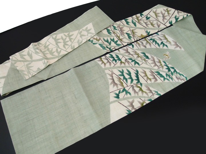 新品未使用仕立て済　夏帯　正絹麻　深緑　紅型　染め帯　栗山工房栗山吉三郎好きに！ 名古屋帯 夏 本大麻 和染紅型 栗山吉三郎 栗山工房 染帯 仕立て