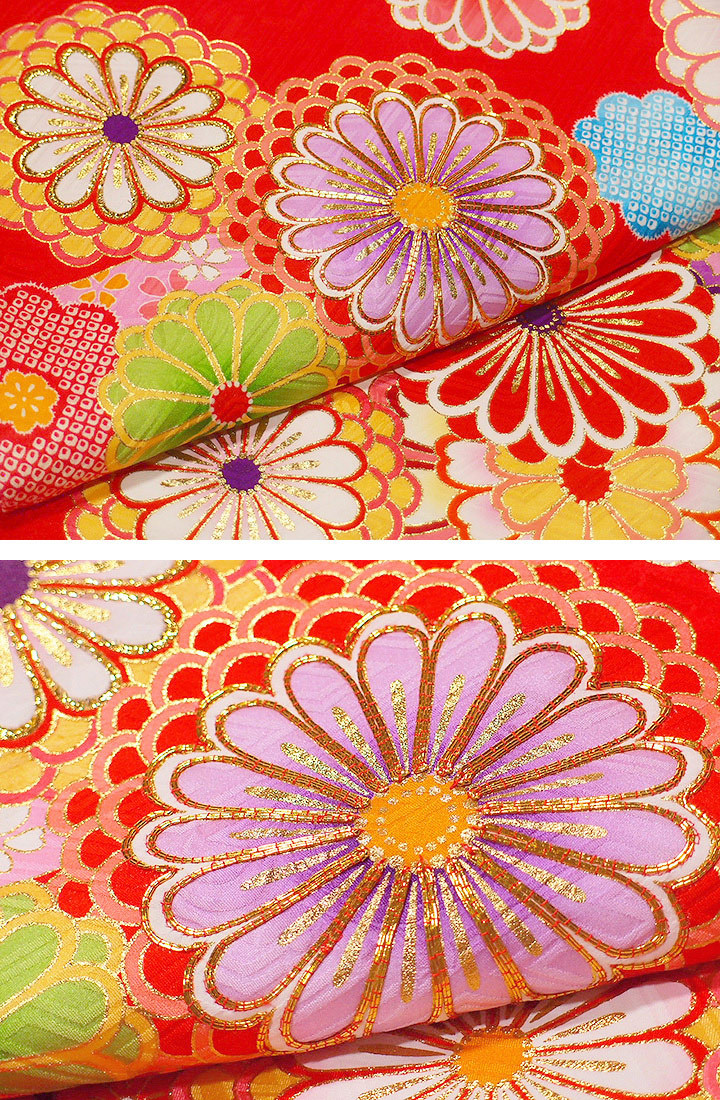 お宮参り レンタル 産着 赤ちゃん 女の子 着物 赤 菊 花 金駒刺繍 金彩