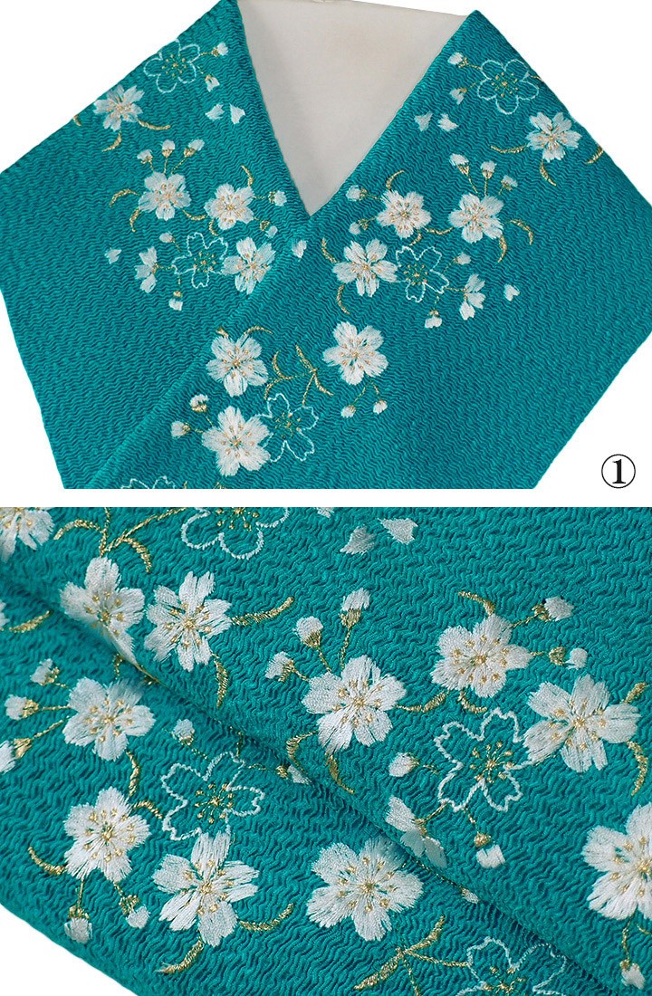 半襟 刺繍 半衿 振袖 成人式 桜 花 水色 青 紫 黒 正絹 鬼しぼ