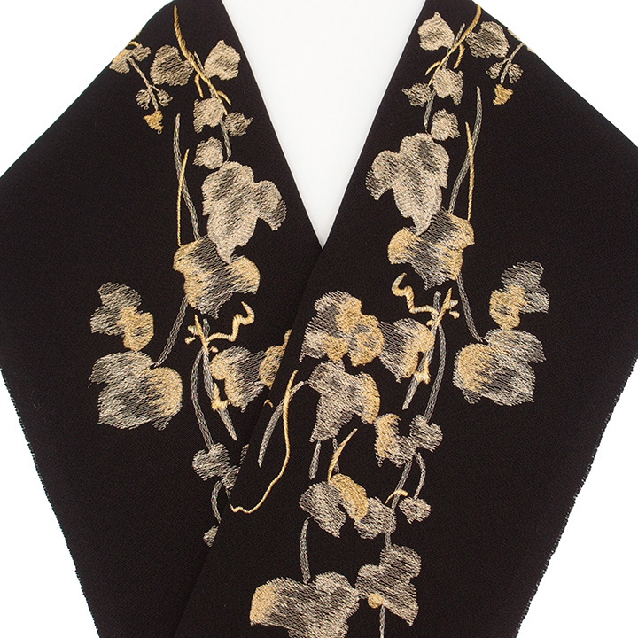 半衿 半襟 半えり 刺繍 フォーマル 日本製 正絹 新品 蔦の葉 つた 黒 金 