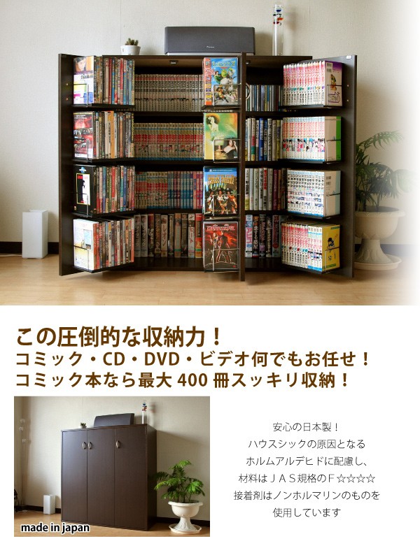 木製 CD DVD ラック 最大400収納 コミック棚 書棚 ストッカー ドア付き