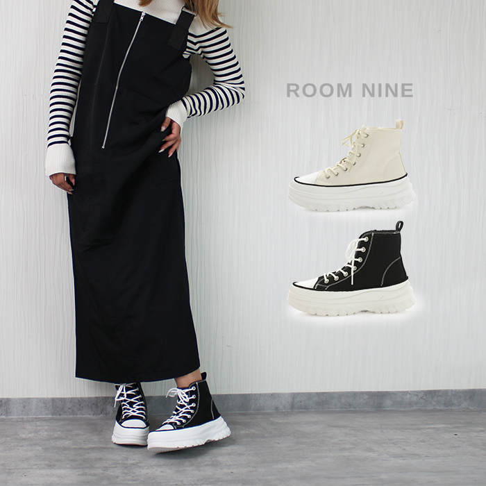 厚底ソール キャンパス スニーカー レディース ハイカット 軽量 歩き