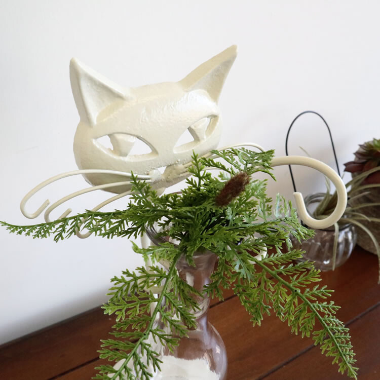白猫アイアン一輪挿し花瓶 ガラスフラワーベース ホワイト 幅16cm高さ 