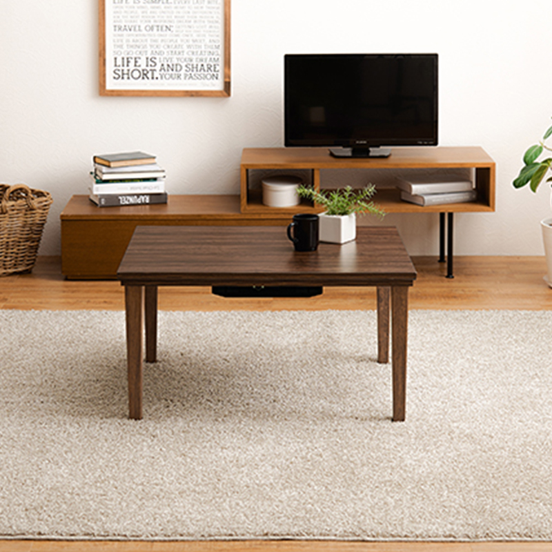 こたつテーブル+こたつ布団 2点 セット 幅75×奥行60cm イエロー色 層状の木目柄 耐水 メラミンシート ブラウン天板 アスラ-ピケの画像