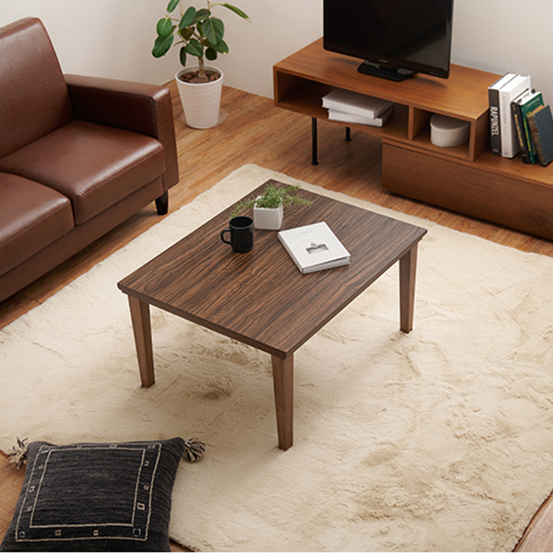 こたつテーブル+こたつ布団 2点 セット 幅75×奥行60cm イエロー色 層状の木目柄 耐水 メラミンシート ブラウン天板 アスラ-ピケの画像