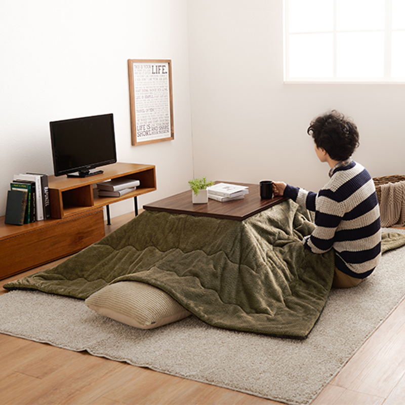 こたつテーブル+こたつ布団 2点 セット 幅75×奥行60cm イエロー色 層状の木目柄 耐水 メラミンシート ブラウン天板 アスラ-ピケの画像