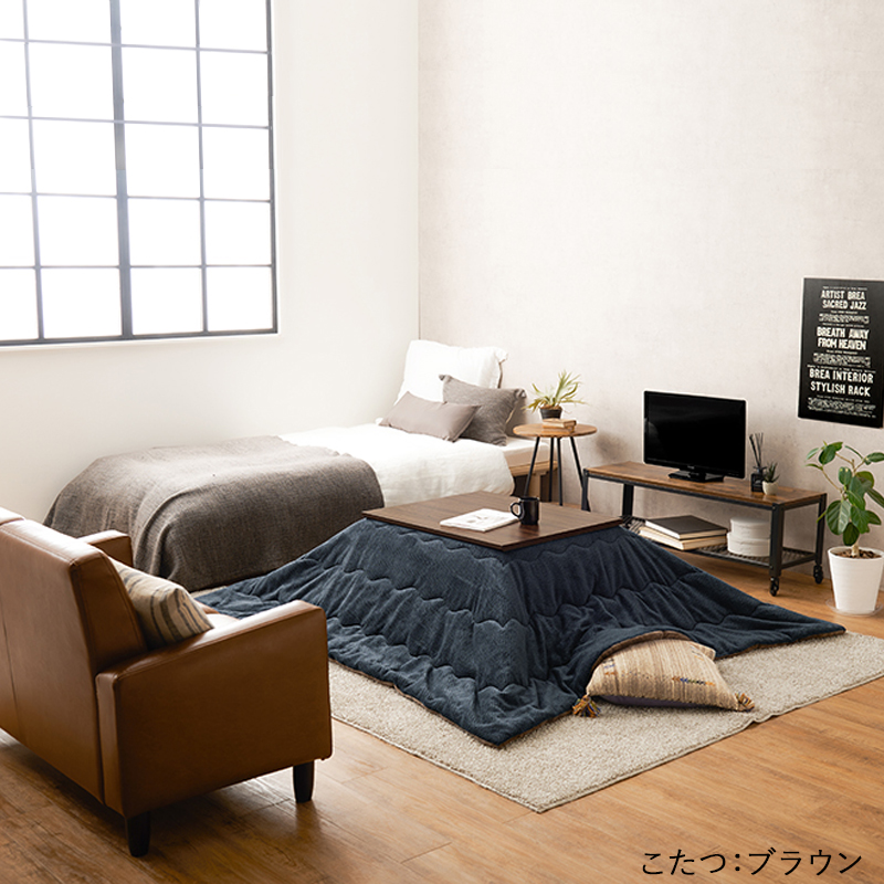 こたつテーブル+こたつ布団 2点 セット 幅75×奥行60cm イエロー色 層状の木目柄 耐水 メラミンシート ブラウン天板 アスラ-ピケの画像