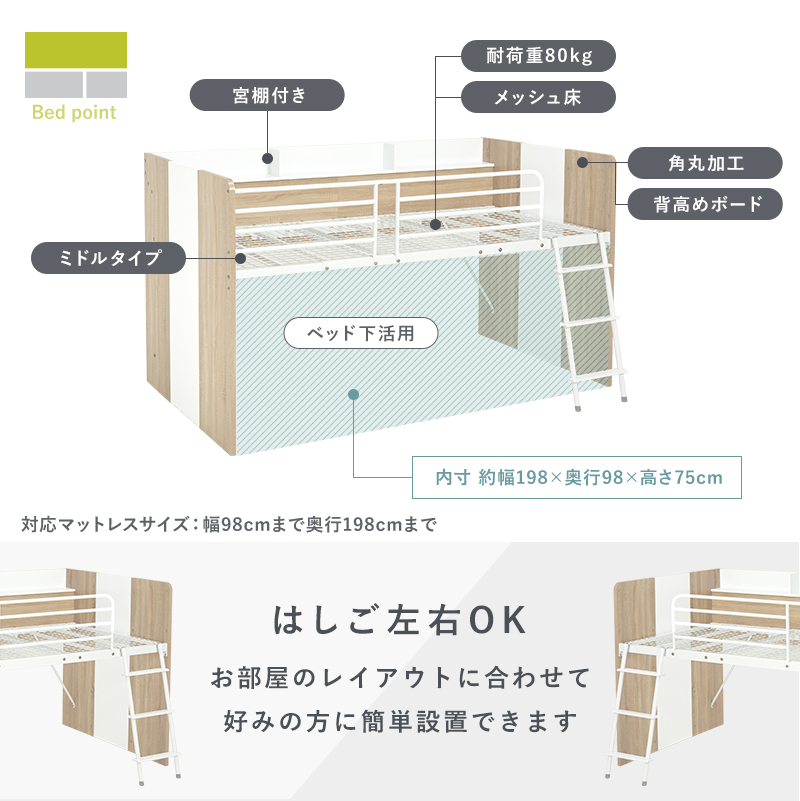 システムベッド ロフトベッド コンパクト 宮棚付 デスク付き シングル キッズ 子供 学習机 収納  一人暮らし 子供用ベッド 本棚Robiの画像