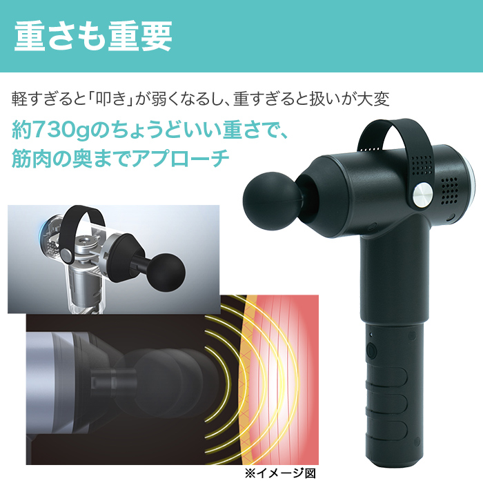 重さも重要。軽すぎると「叩き」が弱くなるし、重すぎると扱いが大変。約730gのちょうどいい重さで、筋肉の奥までアプローチ