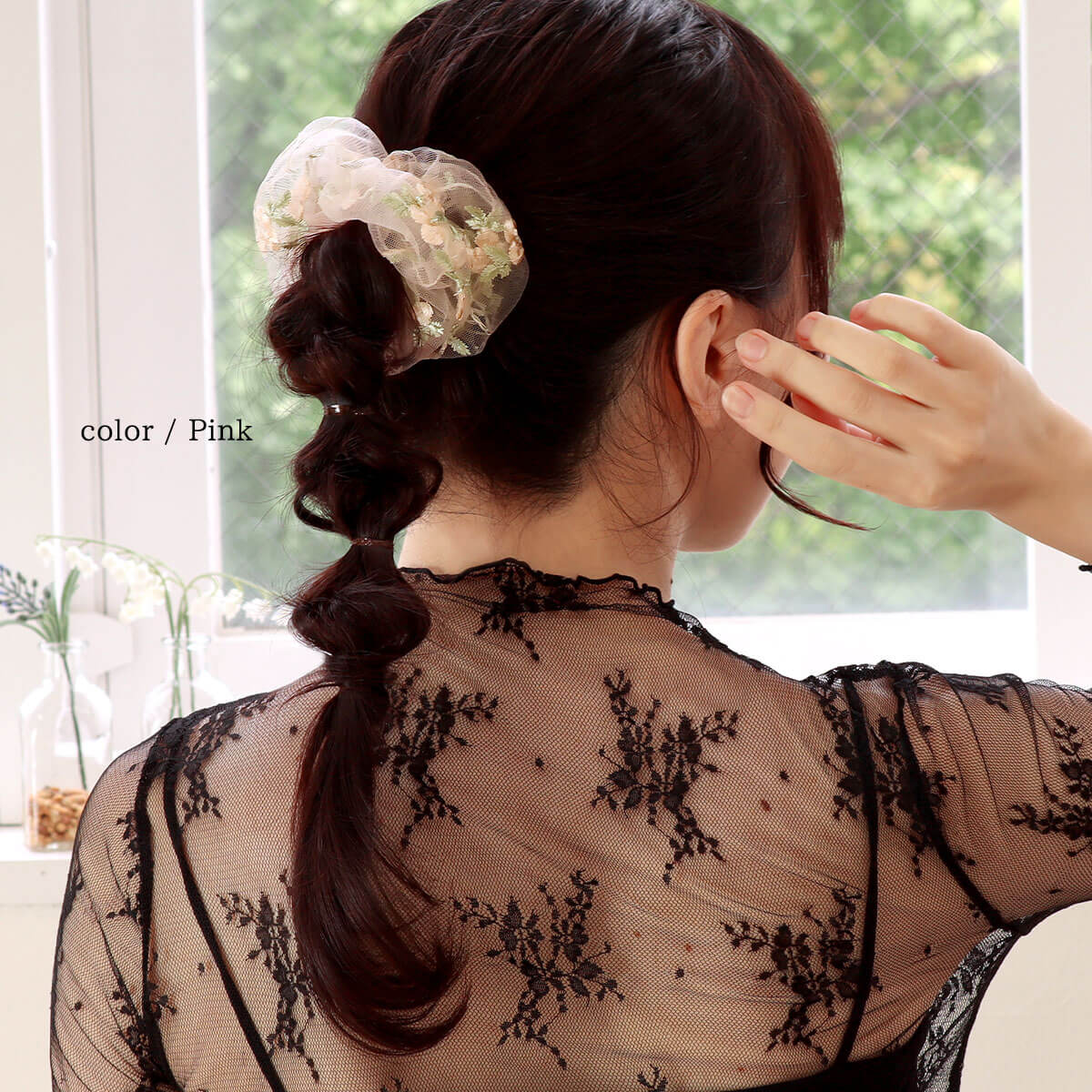 ROQUE フラワー オーガンジー シュシュ ヘアゴム ヘアアクセサリー(1個