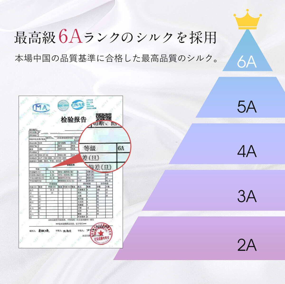 最高級の6Aランクのシルクを採用