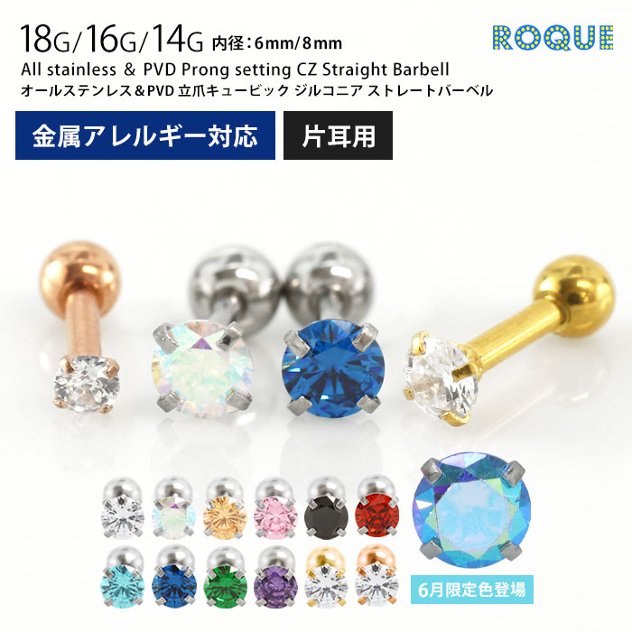 ピアスセット ハンマードサークルとクリスタル ROQUE（ロキ） 軟骨ピアス オール サージカルステンレス PVD 立爪CZ
