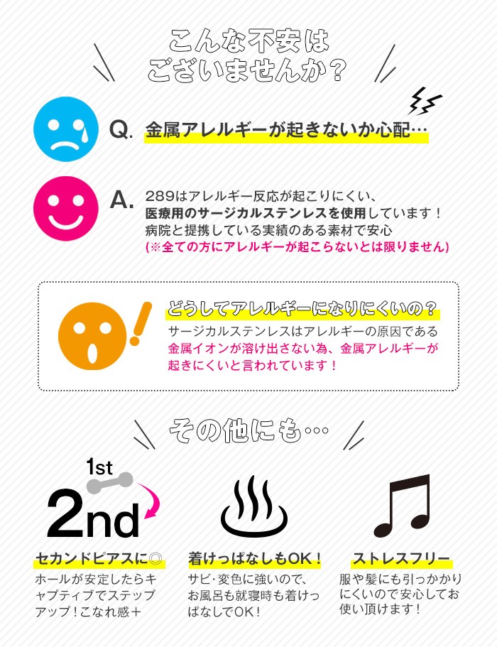 289はアレルギー反応が起こりにくい、医療用のサージカルステンレスを使用しています！