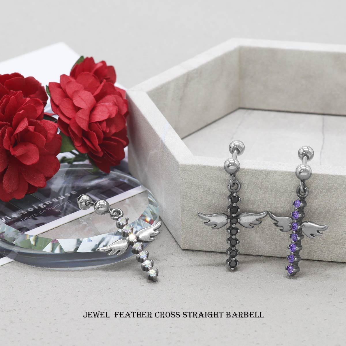 ROQUE（ロキ） ボディピアス 16G ジュエル フェザー クロス ストレート