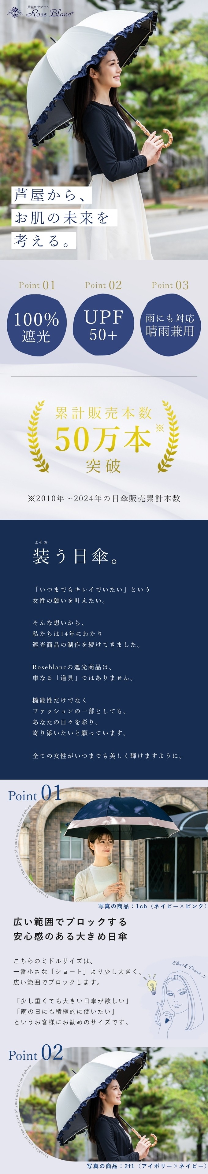 ロサブラン 日傘 完全遮光 長傘 フリル uv 100％ 晴雨兼用 1級
