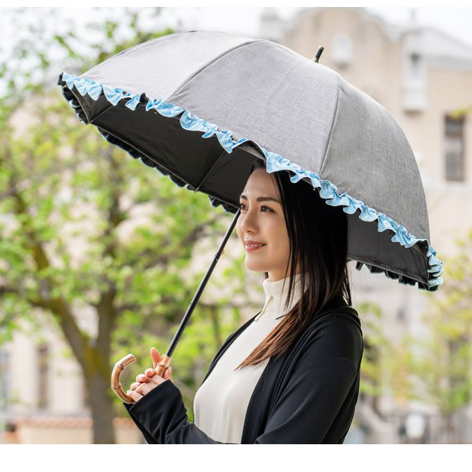 日傘 完全遮光 長傘 フリル uv 100％ 晴雨兼用 1級遮光 遮熱 涼しい おしゃれ 軽量 シングル ショート ダンガリー 50cm｜roseblanc｜03