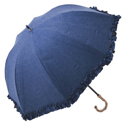 日傘 完全遮光 長傘 フリル uv 晴雨兼用 1級遮光 遮熱 涼しい おしゃれ 軽量 完全遮光 シングルフリル ショート デニム｜roseblanc｜02