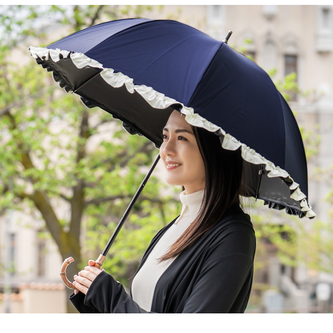 日傘 完全遮光 長傘 フリル uv 晴雨兼用 1級遮光 完全遮光 涼しい おしゃれ 遮熱 軽量 シングルフリル ショート 50cm ロサブラン