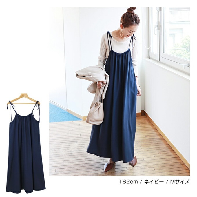 肩リボン ジョーゼット フレア ワンピース ロング ギャザー