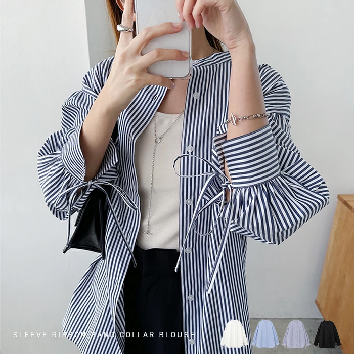 未使用品 ストライプ コットンシャツ ブラウス 長袖 リボン フォーマル 綿 リボン付きレディスブラウス（長袖）| 事務服 | サーヴォの公式