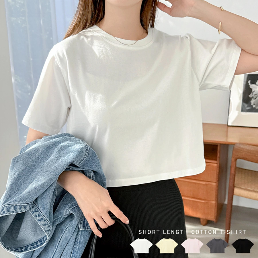 オフホワイト 半袖Tシャツ 綿 ショート丈 刺繍 黒 XS B4392 ショート丈 コットン 半袖 Tシャツ レディース 半袖Tシャツ ミニT