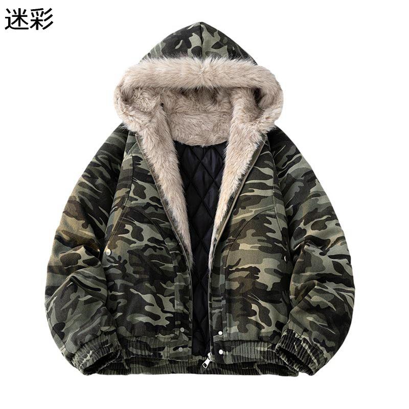 迷彩柄ファー付きフードジャケット ブルゾン アウター フードファー クロップド 迷彩 ジャケット / Hooded