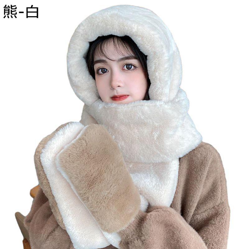 3in1マフラー フード付き ぬいぐるみ くま耳付き帽子 手袋 レディース