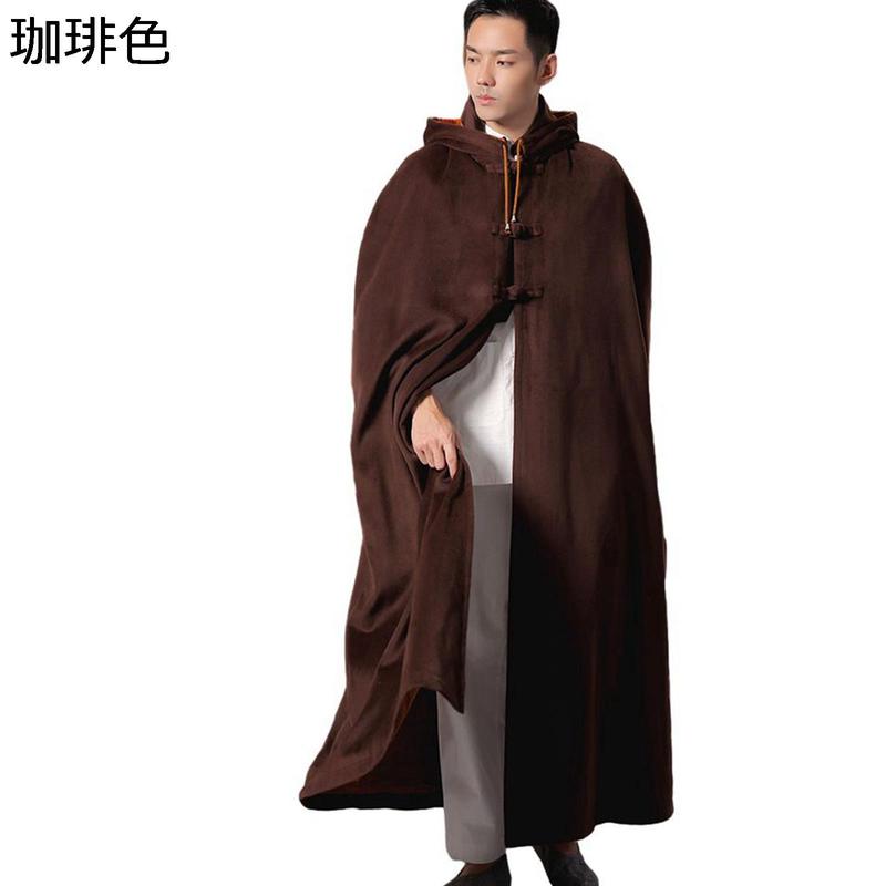ロングマント フード付き 厚手 ポンチョ 座禅 チャイナボタン 袖付き