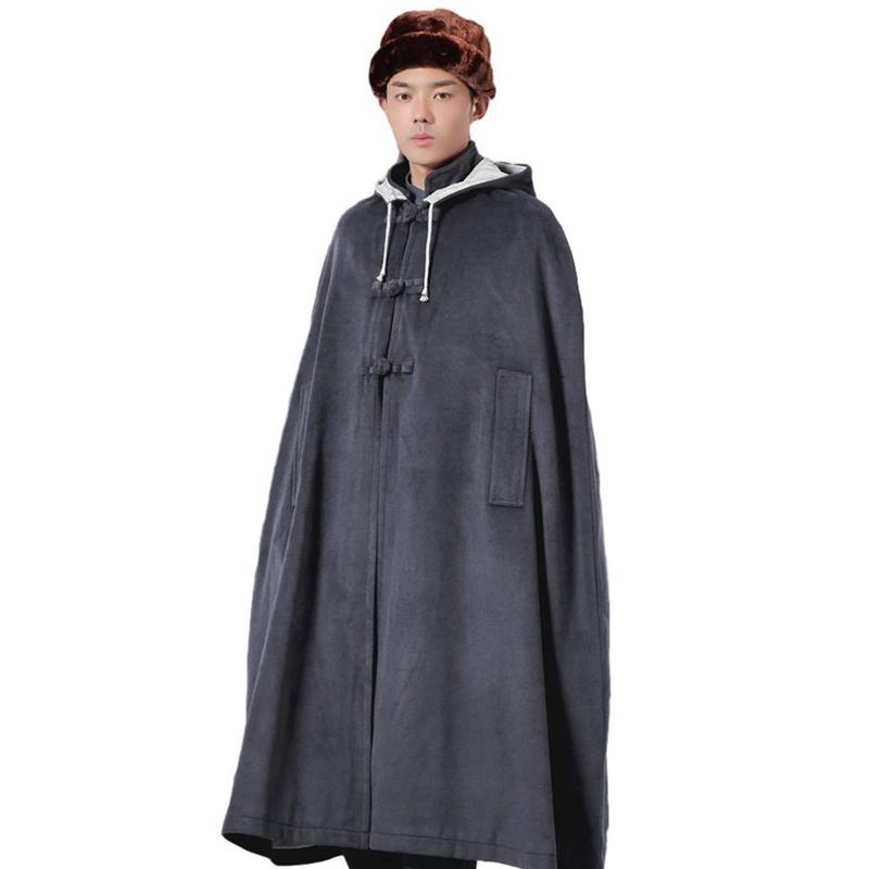 ロングマント フード付き 厚手 ポンチョ 座禅 チャイナボタン 袖付き